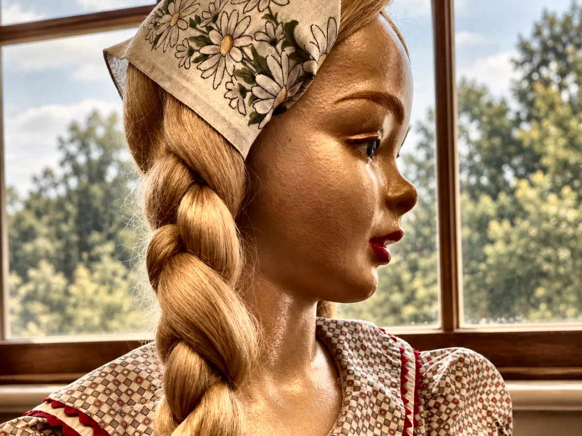 Doll with long blond braids, a flowered headdress and a checked dress
