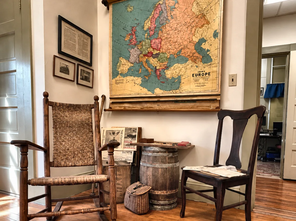 Cane seat rocking chair and side chairs beneath a roll down wall map of Europe