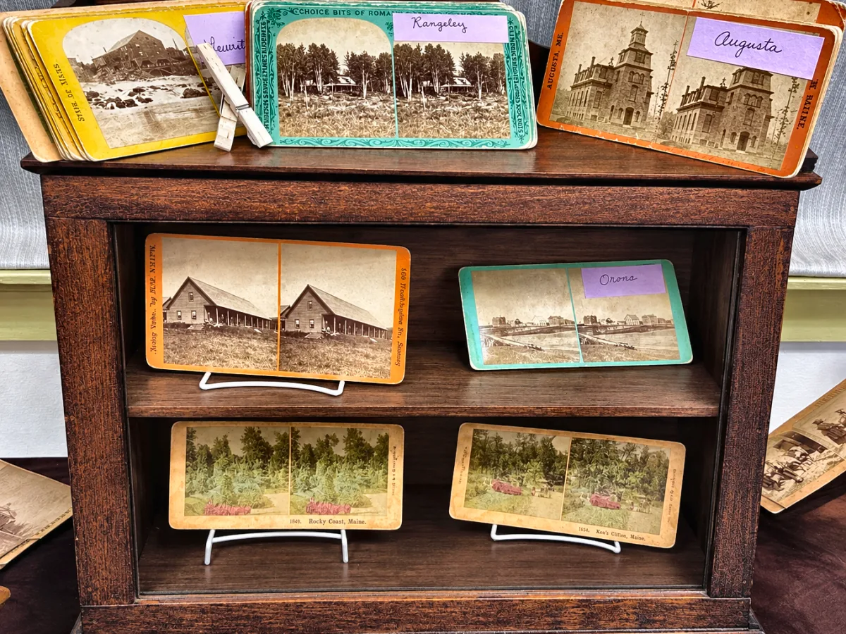 Stereo view cards showing Maine scenes including Augusta and the Rangeley Lakes