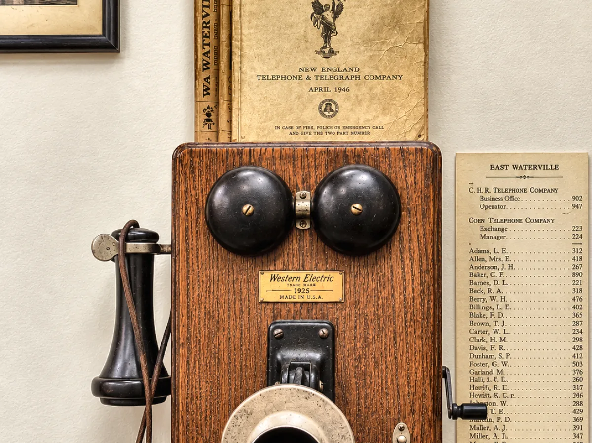 Oak wall telephone from 1925 beside a framed telephone company directory page