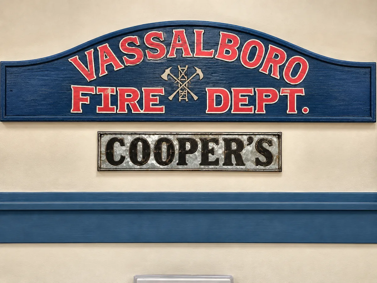 Painted Vassalboro Fire Dept. sign with crossed axes and ladder above a metal Cooper&rsquo;s sign