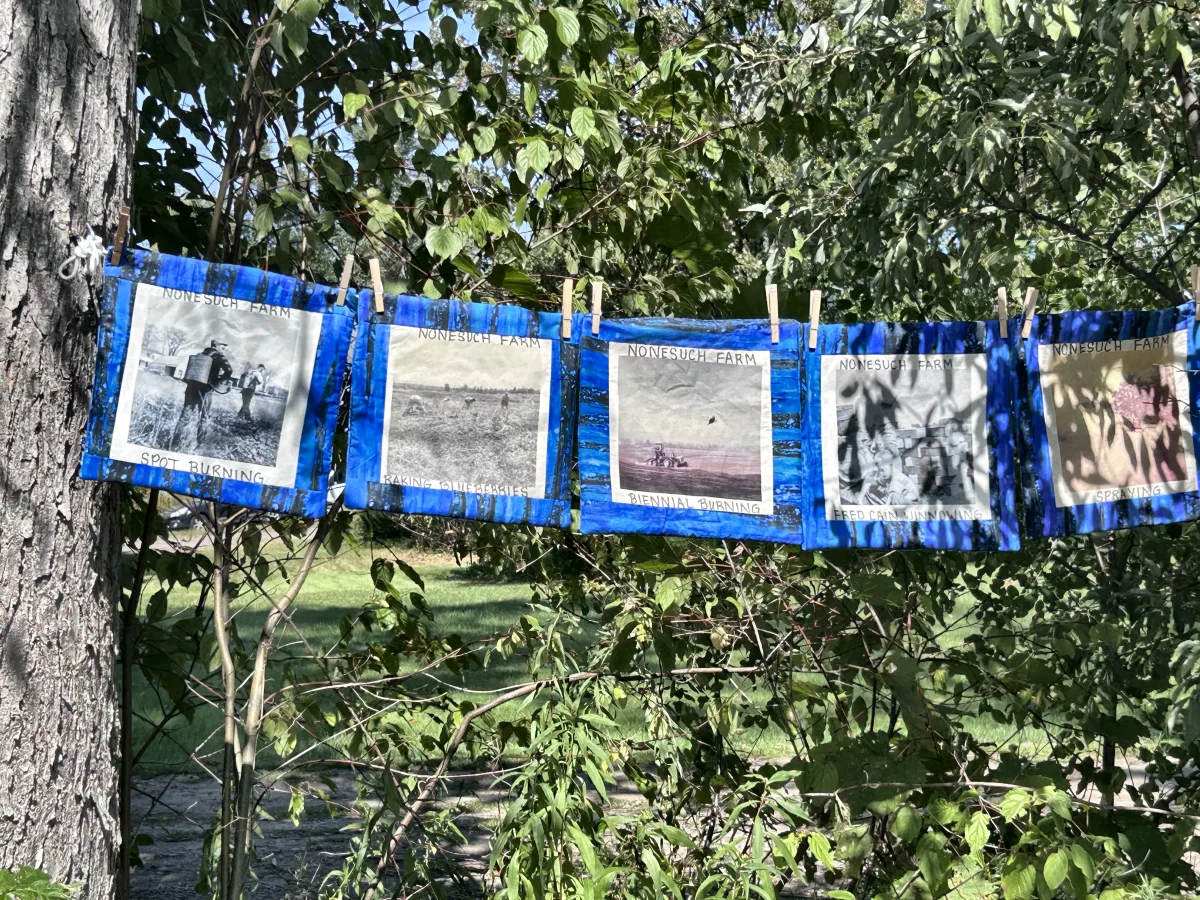 Five quilt blocks printed with photographs labelled Nonesuch Farm