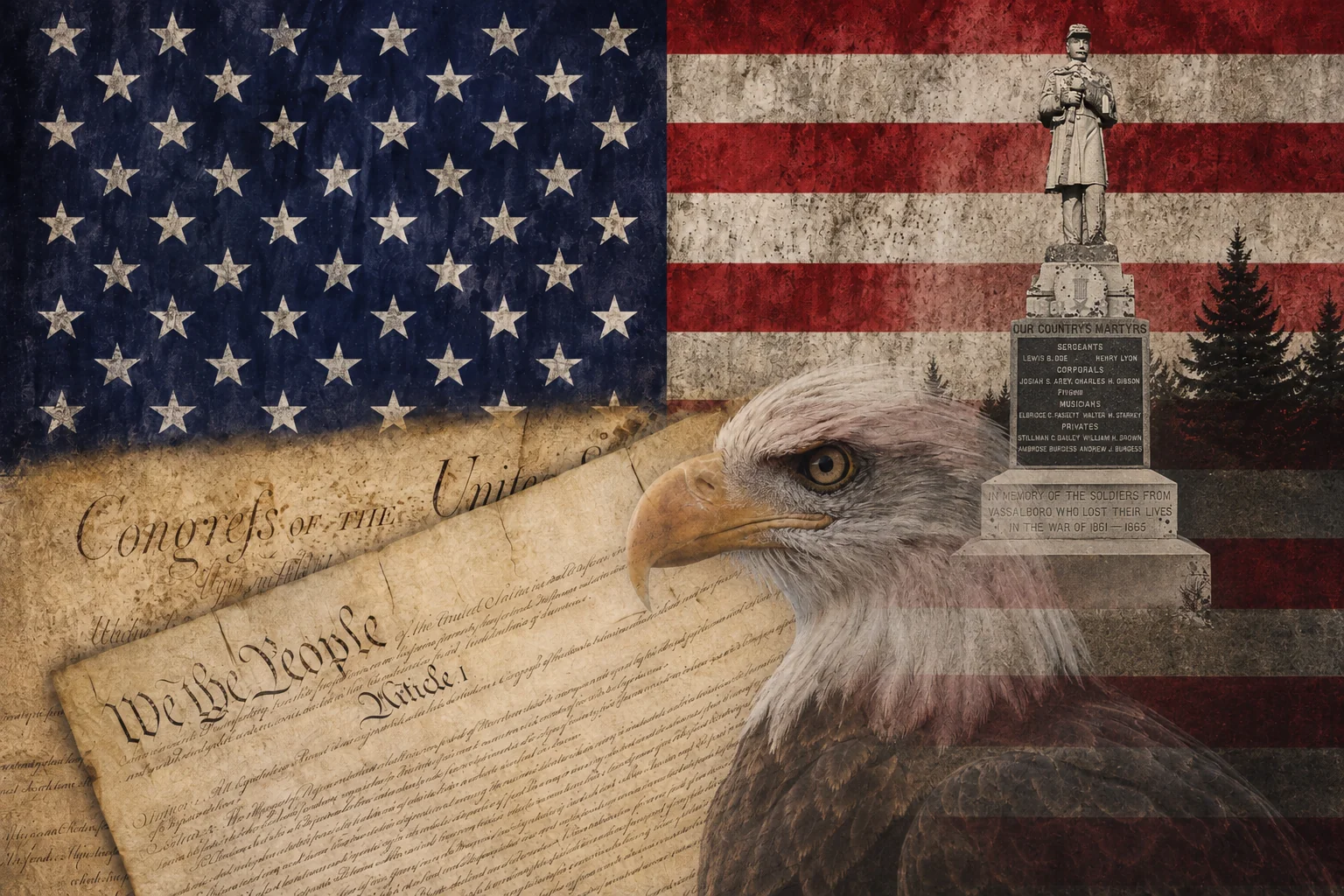 An American flag, bald eagle, and the Vassalboro Civil War soldiers' monument, honoring local veterans