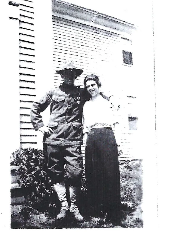 Cpl. James J. Dougherty in his WWI uniform, standing with his wife Annie Dougherty