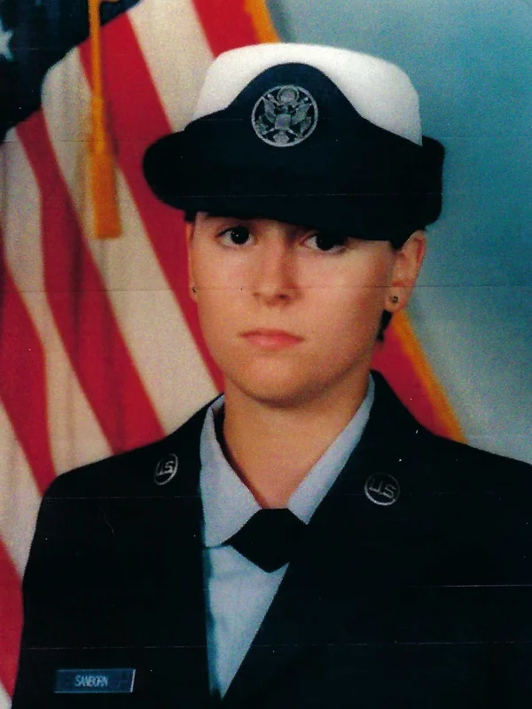 Jennifer Sanborn-Gordy in her U.S. Air Force dress uniform, boot camp portrait 1991